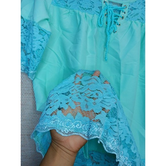 Cute work Turquoise Blue Summer Lace V neck Polyester Blouse size Large - Picture 5 of 9